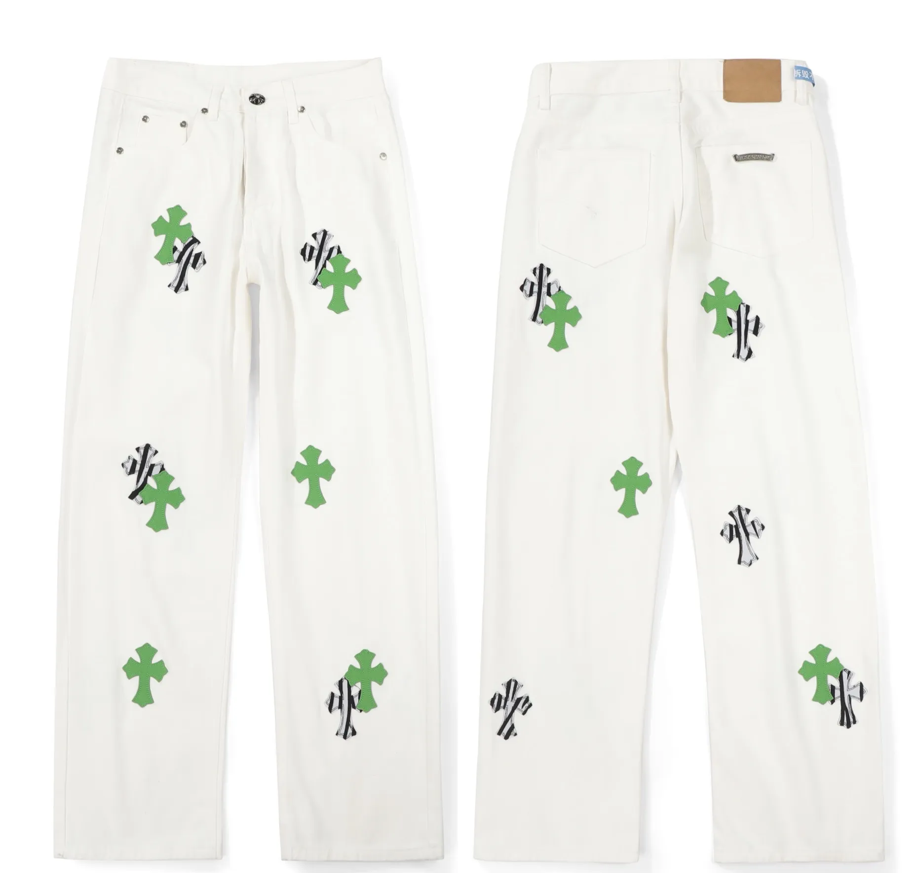 P230 💰 (Top version) Chrome Hearts/Chrome Hearts Classic white and green series colored leather cross washed color cloth unisex denim trousers Vibe style straight stacked god-level version Carbon fine bias denim color cloth Old vintage complete set of hardware - Chrome Hearts white cow series The high version uses high-ounce customized fabrics, fermentation washing and soft color fixation, soft and thick to wear. The details are all produced by hand-polished craftsmanship. All-over printed jacquard fabric Unique design style. Through multiple processes to create a full retro feel. Unique niche non-contrast shirt. Customized distressed spray-painted buttons. Craftsmanship in every detail. Color: white and green. Size: 28-30-32-34 (corresponding to S-M-L-XL)